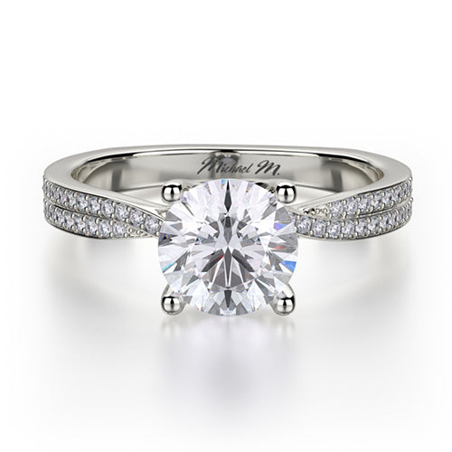 This immaculate Michael M engagement ring is displayed with a stunning round shaped center diamond (not included at time of purchase), and can fit an array of diamonds ranging in size from 0.90 carats to 1.10 carats.