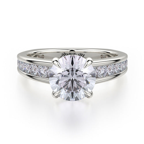 This immaculate Michael M engagement ring is displayed with a stunning round shaped center diamond (not included at time of purchase), and can fit an array of diamonds ranging in size from 1.85 carats to 2.10 carats.