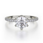 This immaculate Michael M engagement ring is displayed with a stunning round shaped center diamond (not included at time of purchase), and can fit an array of diamonds ranging in size from 0.90 carats to 1.10 carats.