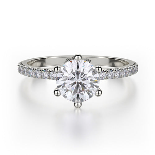 This immaculate Michael M engagement ring is displayed with a stunning round shaped center diamond (not included at time of purchase), and can fit an array of diamonds ranging in size from 0.90 carats to 1.10 carats.