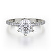 This immaculate Michael M engagement ring is displayed with a stunning round shaped center diamond (not included at time of purchase), and can fit an array of diamonds ranging in size from 0.90 carats to 1.10 carats.
