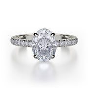 This immaculate Michael M engagement ring is displayed with a stunning round shaped center diamond (not included at time of purchase), and can fit an array of diamonds ranging in size from 1.85 carats to 2.10 carats.
