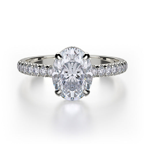 This immaculate Michael M engagement ring is displayed with a stunning round shaped center diamond (not included at time of purchase), and can fit an array of diamonds ranging in size from 1.85 carats to 2.10 carats.