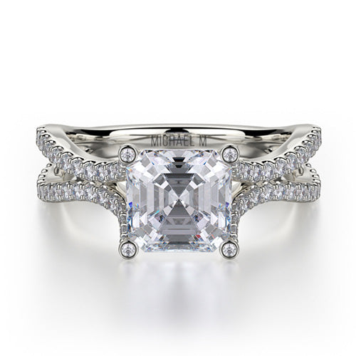 This immaculate Michael M engagement ring is displayed with a stunning asscher shaped center diamond (not included at time of purchase), and can fit an array of diamonds ranging in size from 1.85 carats to 2.10 carats.