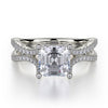 This immaculate Michael M engagement ring is displayed with a stunning asscher shaped center diamond (not included at time of purchase), and can fit an array of diamonds ranging in size from 1.85 carats to 2.10 carats.