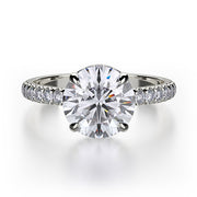 This immaculate Michael M engagement ring is displayed with a stunning round shaped center diamond (not included at time of purchase), and can fit an array of diamonds ranging in size from 1.85 carats to 2.10 carats.