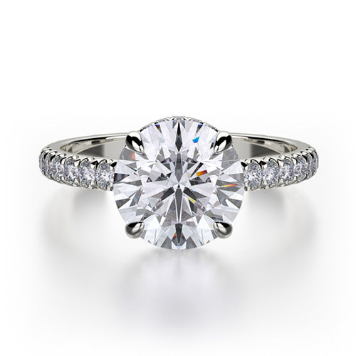 This immaculate Michael M engagement ring is displayed with a stunning round shaped center diamond (not included at time of purchase), and can fit an array of diamonds ranging in size from 1.85 carats to 2.10 carats.