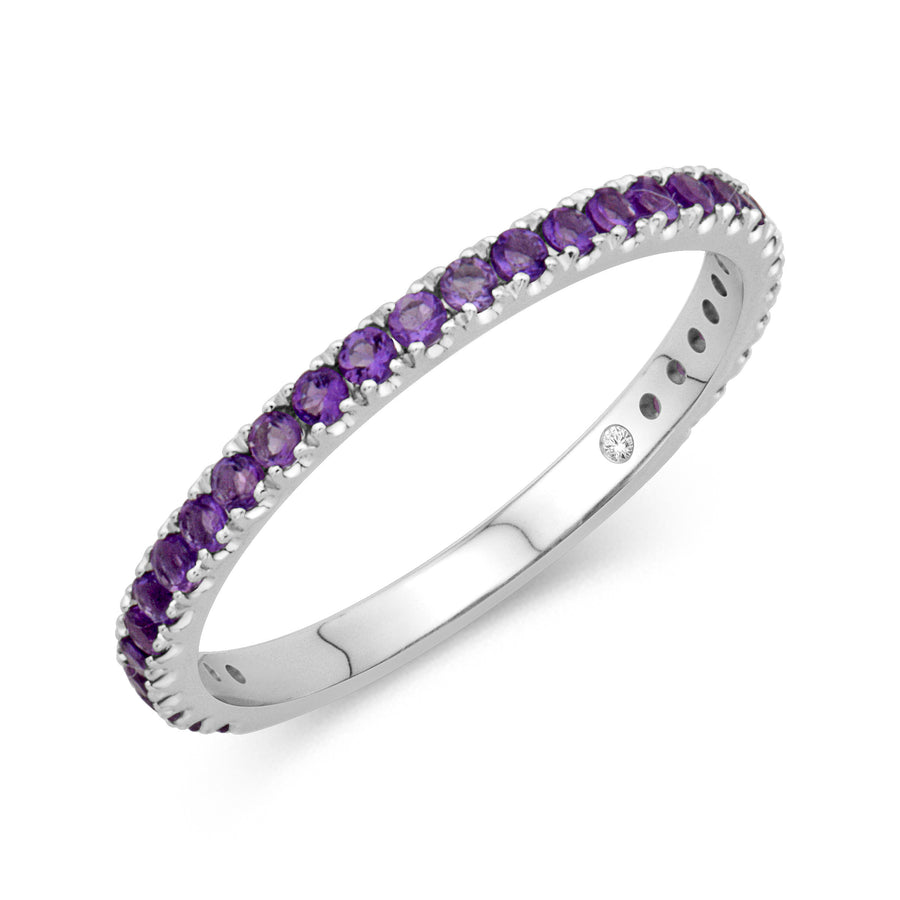 This Amethyst birthstone band is perfect for those with February birthdays. It is easily stackable and a fun way to add a pop of color! It is set in 14k white gold and has 29 stones totaling 0.45cts. 