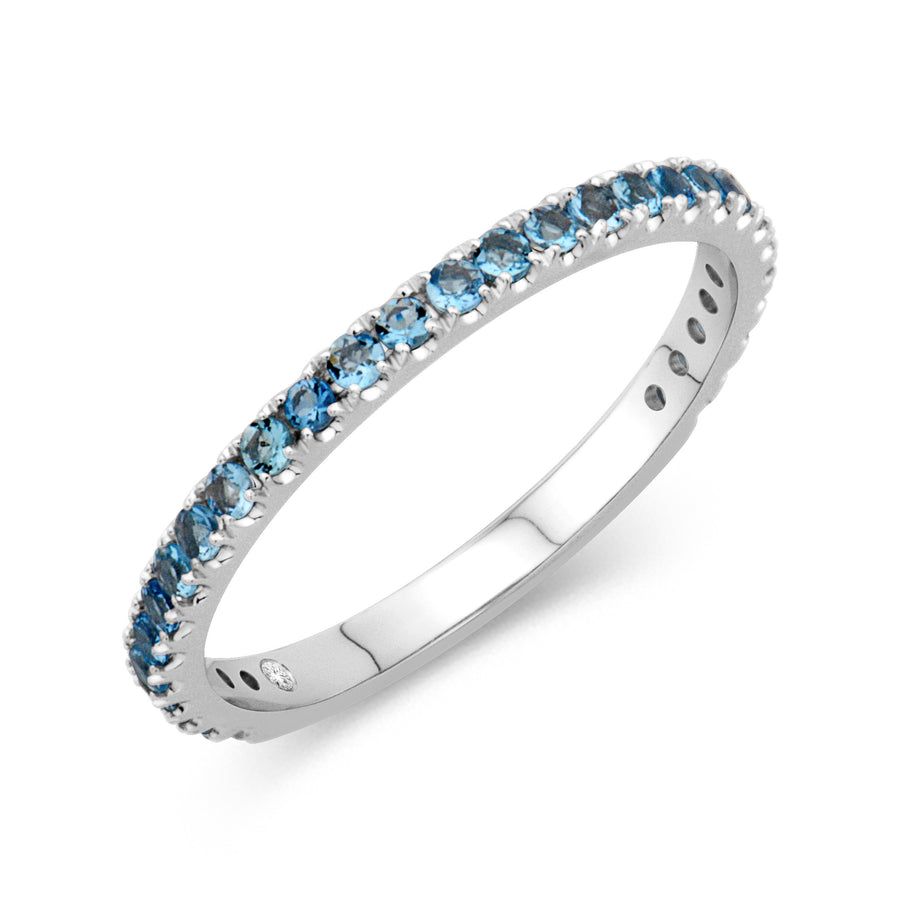 This Aquamarine gemstone band is perfect for those with March birthdays. It is easily stackable and a fun way to add a pop of color! It is set in 14k white gold and has 29 stones totaling 0.33cts. 