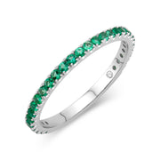 This Emerald gemstone band is perfect for those with May birthdays. It is easily stackable and a fun way to add a pop of color! It is set in 14k white gold and has 29 stones totaling 0.39cts.