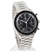 This OMEGA Speedmaster features an acrylic crystal over the black dial, a 39mm stainless steel case and bracelet. Its powered by OMEGA calibre 3220 automatic chronograph movement which allows for a 40-hour power reserve. The watch came to our store as a trade and does not come with box or papers. Please contact us if you have any questions about this vintage OMEGA moon watch.