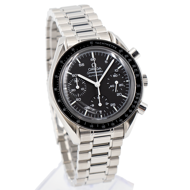 This OMEGA Speedmaster features an acrylic crystal over the black dial, a 39mm stainless steel case and bracelet. Its powered by OMEGA calibre 3220 automatic chronograph movement which allows for a 40-hour power reserve. The watch came to our store as a trade and does not come with box or papers. Please contact us if you have any questions about this vintage OMEGA moon watch.