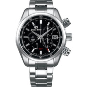 The first ever Grand Seiko chronograph, this model is powered by a Grand Seiko's unique Spring Drive caliber, which combines the motive force of a mainspring with the high precision of a quartz watch. The Spring Drive mechanism allows the watch to maintain precise timekeeping while also incorporating accurate chronograph capabilities, all with a maximum 72-hour (3-day) power reserve. Grand Seikos original glide motion is also featured in the chronographs blue steel second hand. The chronograph u