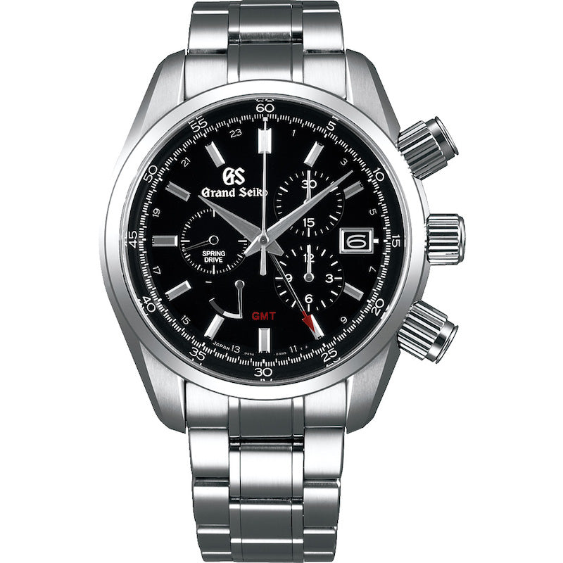 The first ever Grand Seiko chronograph, this model is powered by a Grand Seiko's unique Spring Drive caliber, which combines the motive force of a mainspring with the high precision of a quartz watch. The Spring Drive mechanism allows the watch to maintain precise timekeeping while also incorporating accurate chronograph capabilities, all with a maximum 72-hour (3-day) power reserve. Grand Seikos original glide motion is also featured in the chronographs blue steel second hand. The chronograph u