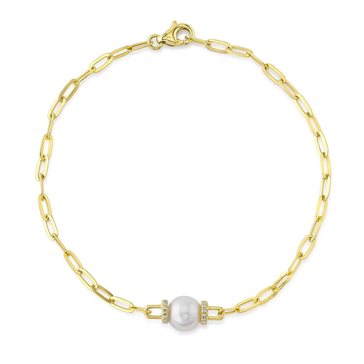 14K Yellow Gold Diamond & Cultured Pearl Paperclip Link Bracelet - SC55022626