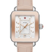 This two-tone Pink Gold Deco Sport offers a sporty, more casual take on the classic Deco with white lum-filled stick indexes on a silver white sunray dial and a pink gold-tone reflector bezel. The Desert Rose embossed silicone strap is interchangeable with any 18mm MICHELE watch.