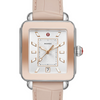 This two-tone Pink Gold Deco Sport offers a sporty, more casual take on the classic Deco with white lum-filled stick indexes on a silver white sunray dial and a pink gold-tone reflector bezel. The Desert Rose embossed silicone strap is interchangeable with any 18mm MICHELE watch.