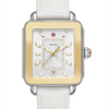 This two-tone Michele Deco Sport watch offers a sporty, more casual take on the classic Deco with white lum-filled stick indexes on a silver white sunray dial and a gold-tone reflector bezel. The white embossed silicone strap is interchangeable with any 18mm MICHELE watch.