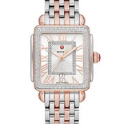 This two-tone Pink Gold Deco Madison Mid shines with 148 hand-set diamonds on the bezel and atop the silver white sunray dial. The two-tone Pink Gold bracelet is made specifically for the Deco Madison Mid collection and is interchangeable with any 16mm MICHELE strap.
