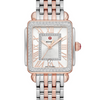 This two-tone Pink Gold Deco Madison Mid shines with 148 hand-set diamonds on the bezel and atop the silver white sunray dial. The two-tone Pink Gold bracelet is made specifically for the Deco Madison Mid collection and is interchangeable with any 16mm MICHELE strap.