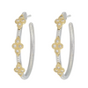From the Mixed Metal Collection, the Mixed Metal Medium Moroccan Quad Hoop Earrings with Gold Accents feature pave and bezel set round diamonds in sterling silver with 18K yellow gold accents and the signature brushed JFJ finish.