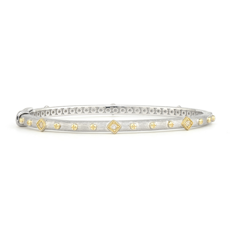 From the Mixed Metal Collection, the Mixed Metal Alternating Kite Bangle features diamond and 18K gold kites and 18K gold nail head accents set on a sterling silver bangle with the signature brushed JFJ finish.