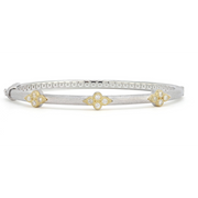 From the Mixed Metal Collection, the Mixed Metal Triple Moroccan Trio Bangle features diamond Moroccan quads with 18K yellow gold set in sterling silver with the signature brushed JFJ finish.
