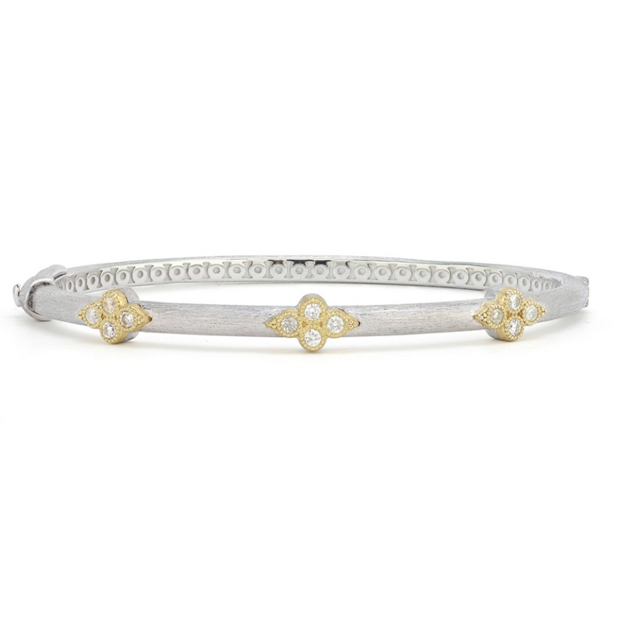From the Mixed Metal Collection, the Mixed Metal Triple Moroccan Trio Bangle features diamond Moroccan quads with 18K yellow gold set in sterling silver with the signature brushed JFJ finish.