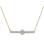 From the Provence Collection, the Provence Bar Necklace features round diamonds pave set in 18K gold with a bezel set diamond quad on a Boston chain. 16 inches.