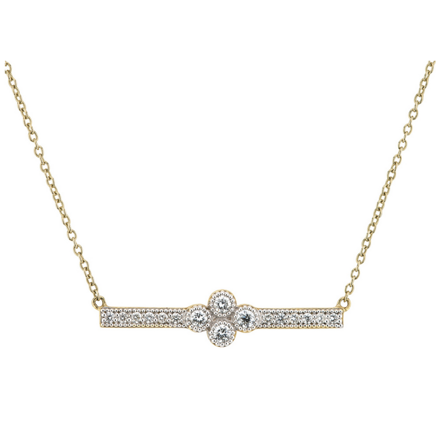 From the Provence Collection, the Provence Bar Necklace features round diamonds pave set in 18K gold with a bezel set diamond quad on a Boston chain. 16 inches.