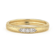 From the Lisse Collection, the Delicate Lisse Triple Diamond Pave Band features three pave round diamonds set in 18K yellow gold with the signature brushed JFJ finish and beaded edge.