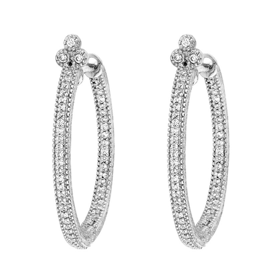 From the Provence Collection, the Medium Provence Pave Hoop Earrings feature pave and bezel set round diamonds in 18K white gold.