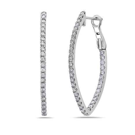 A fashionable twist to a classic diamond hoop earring, this design features a v shape design. These earrings have 74 round brilliant diamonds weighing approximately 1.23ctw each. These earrings are available in rose, white and yellow gold. 