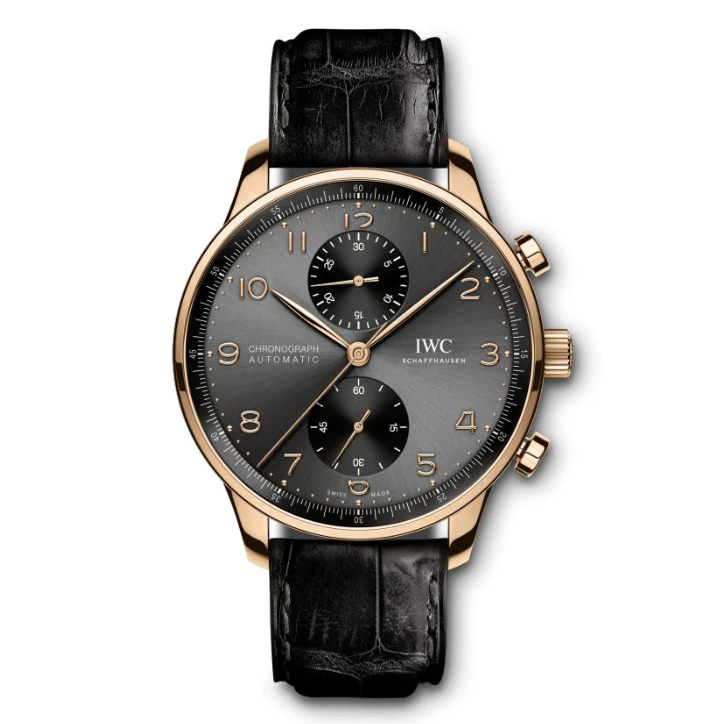 The Portugieser Chronograph is one of IWC Schaffhausen's most iconic models. With its compact diameter of 41 millimetres, it fits almost any wrist. However, the thin bezel gives one the impression of wearing a significantly larger watch. The clear, functional dial boasts applied Arabic numerals and slender Feuille hands. Printed with a quarter-second scale, the characteristic rhaut not only allows precise reading of the stop time but also reminds us of the Portugieser's origins as a nautical pre
