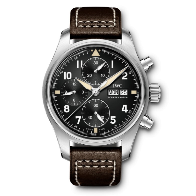 For the first time ever, IWC presents a Pilots Chronograph with a movement from the 69000-calibre family, housed in a reduced case size with a diameter of 41 millimetres. The IWC-manufactured 69380 calibre is a rugged chronograph movement with a classic column wheel design. It displays stopped hours and minutes in two subdials at 9 oclock and 12 oclock. The bidirectional pawl-winding system builds up a power reserve of 46 hours. With a stainless-steel case, black dial and brown calfskin strap, t