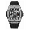 This Hublot model has a 45mm satin-finished and polished titanium case with a satin-finished, polished and microblasted titanium bezel with 6 H-shaped titanium screws. The wearer can see the inner workings of the HUB1233 manufacture manual-winding skeleton movement with the help of the matte black skeleton dial. This model has a 10 day power reserve, and is water resistant to 50 meters. 