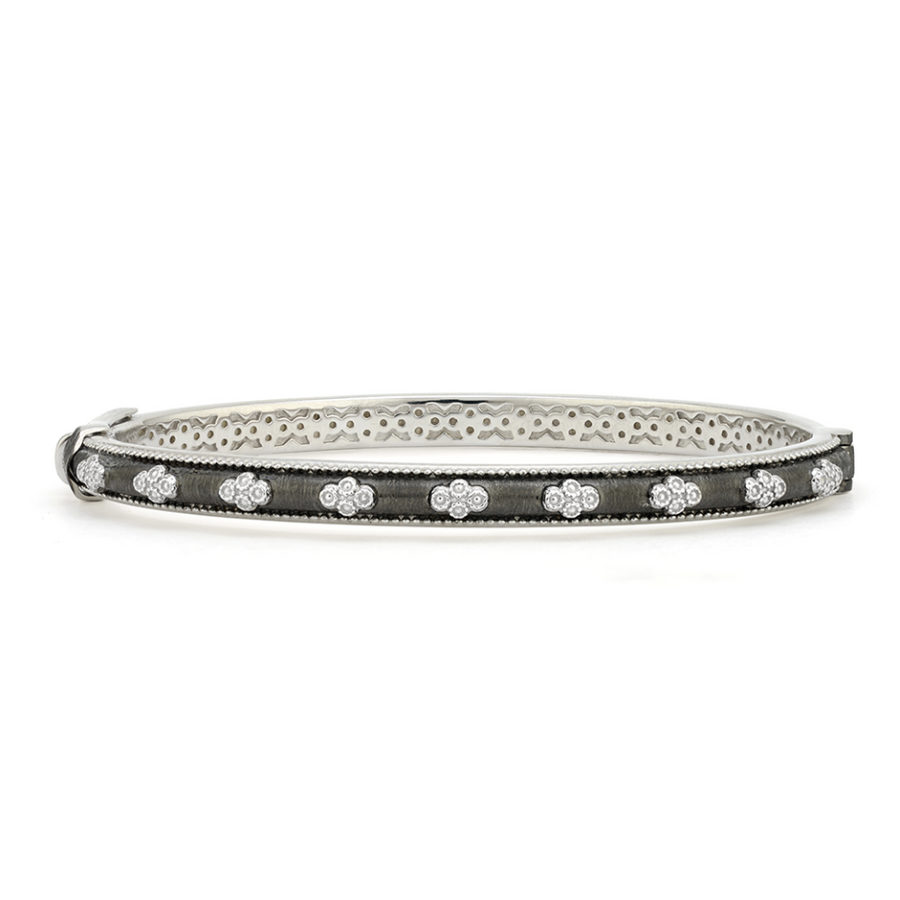 From the JudeFrances Silver Collection, the JudeFrances Silver Delicate Provence Beaded Quad Cuff features sterling silver with black rhodium and the signature brushed JFJ finish and beaded edge.