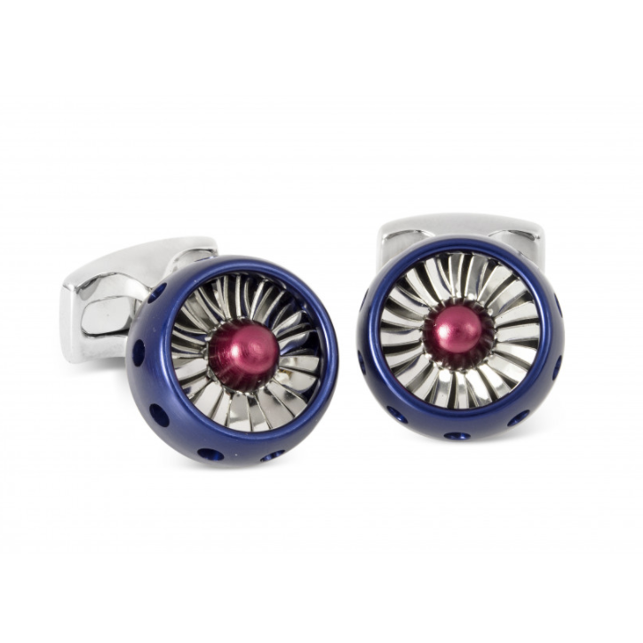 Made from aircraft grade aluminium, these JET turbine engine cufflinks have been beautifully engineered to the highest standards. With a realistic nose cone, the double stamped blades sit on micro-bearings and whirl into action when blown on! Finished in intricate royal red and blue colours these cufflinks will add a subtle splash of colour to your cuff!