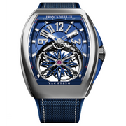Franck Muller watches are easily recognizable due to their unique 53.7 x 44mm case size. Inside of this stainless steel case with a partial skeleton design, is a hand-wound manufacture caliber that keeps the watch running accurately. The wearer is able to see all of the inner workings of the tourbillon movement through the sapphire crystal. The watch is on a nylon strap with protective rubber lining. 