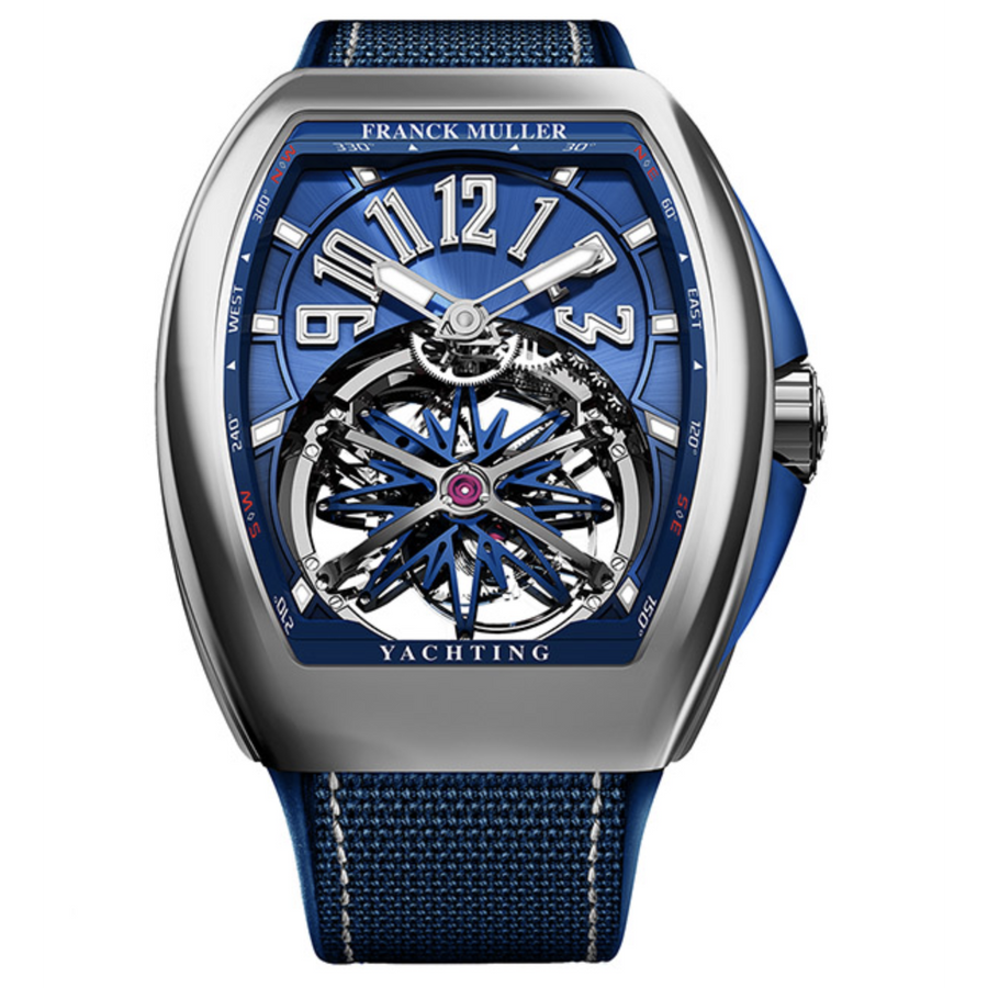 Franck Muller watches are easily recognizable due to their unique 53.7 x 44mm case size. Inside of this stainless steel case with a partial skeleton design, is a hand-wound manufacture caliber that keeps the watch running accurately. The wearer is able to see all of the inner workings of the tourbillon movement through the sapphire crystal. The watch is on a nylon strap with protective rubber lining. 