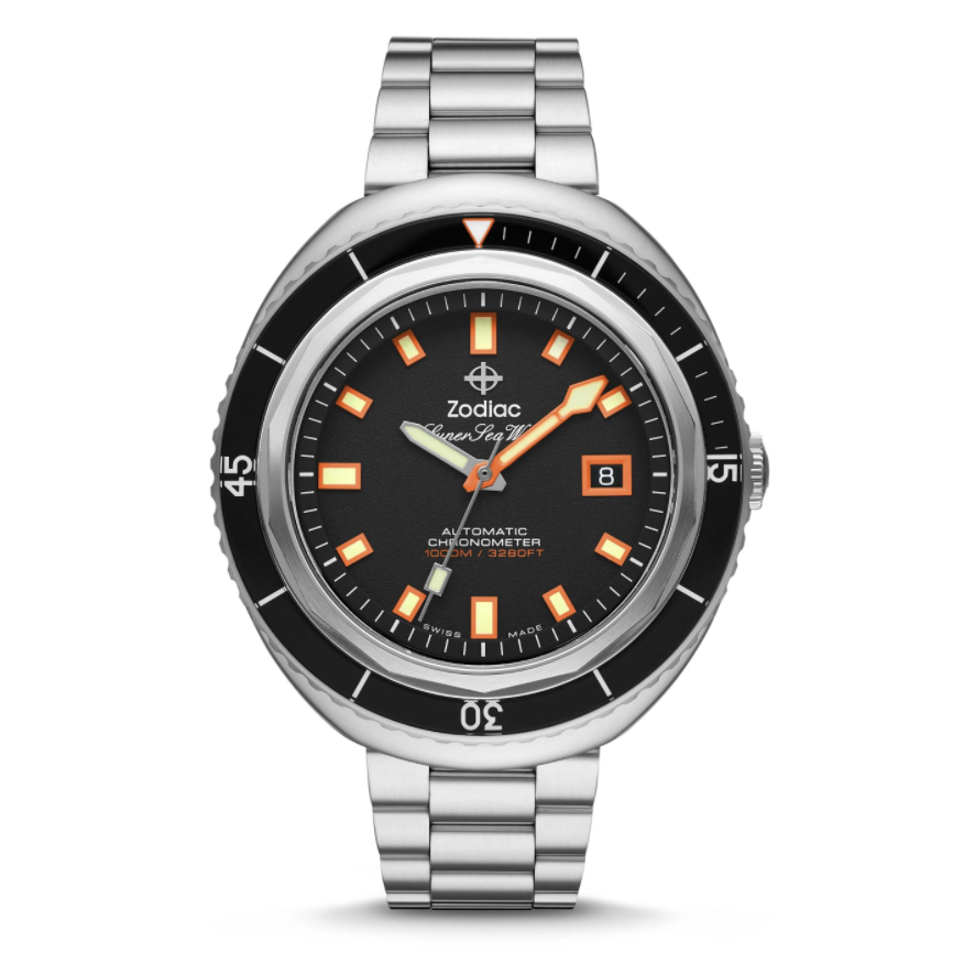 Featuring a stainless-steel case, an updated stainless steel three-link bracelet, uni-directional mineral crystal top ring and C3 SuperLuminova hands and indexes, ZODIACs Sea Wolf conveys the brands commitment to definitive style with timeless heritage. The STP 3-13 automatic movement and sapphire crystal with anti-reflective coating stay true to the quality and style of ZODIAC.Case size: 45 mm x 50 mmCase thickness: 16 mmLug width: 20 mmMovement: AutomaticOrigin: Swiss MadePackaging: Zodiac Bla