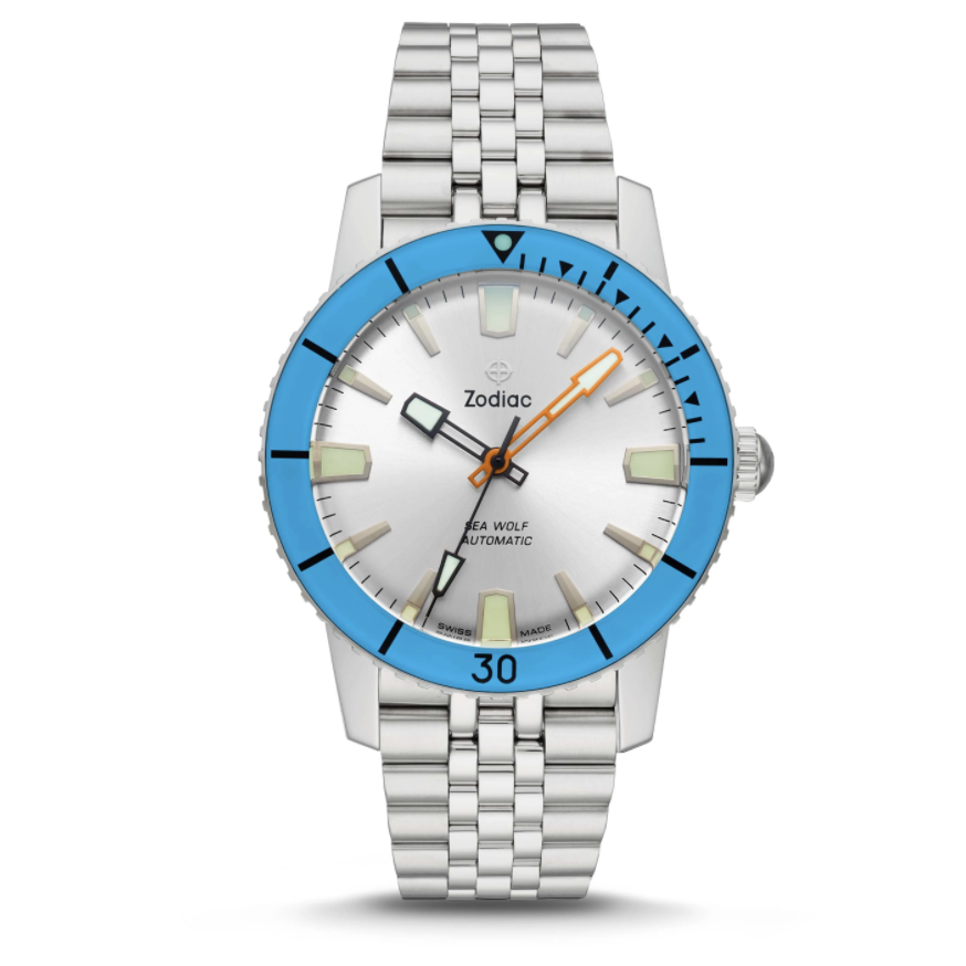 Inspired by the vivid hues of the ocean deep, this exclusive Super Sea Wolf 53 Compression channels the beauty of the open water through bold blue tones on the bezel and colorful accents on the dial. Complemented by a five-link bracelet, the classic brushed stainless steel case holds Zodiac's iconic Swiss-made STP 3-13 automatic movement.Case size: 40 mm x 49 mmCase thickness: 13 mmLug width: 20 mmMovement: AutomaticOrigin: Swiss MadePackaging: Zodiac Black BoxWarranty: 2 Year InternationalWater