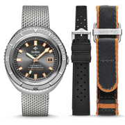 This limited edition timepiece marks the 50th anniversary of the original Super Sea Wolf, a landmark watch for Zodiac. The case back displays the iconic Sea wolf character that was once used on advertising material during the original launch. It has a COSC-certified STP 3-13 movement contained in a stainless steel case with a newly designed locking top ring, and comes specially packaged in a leather roll with a textile strap, tropic style rubber strap, an adjustable mesh band and a strap-changin