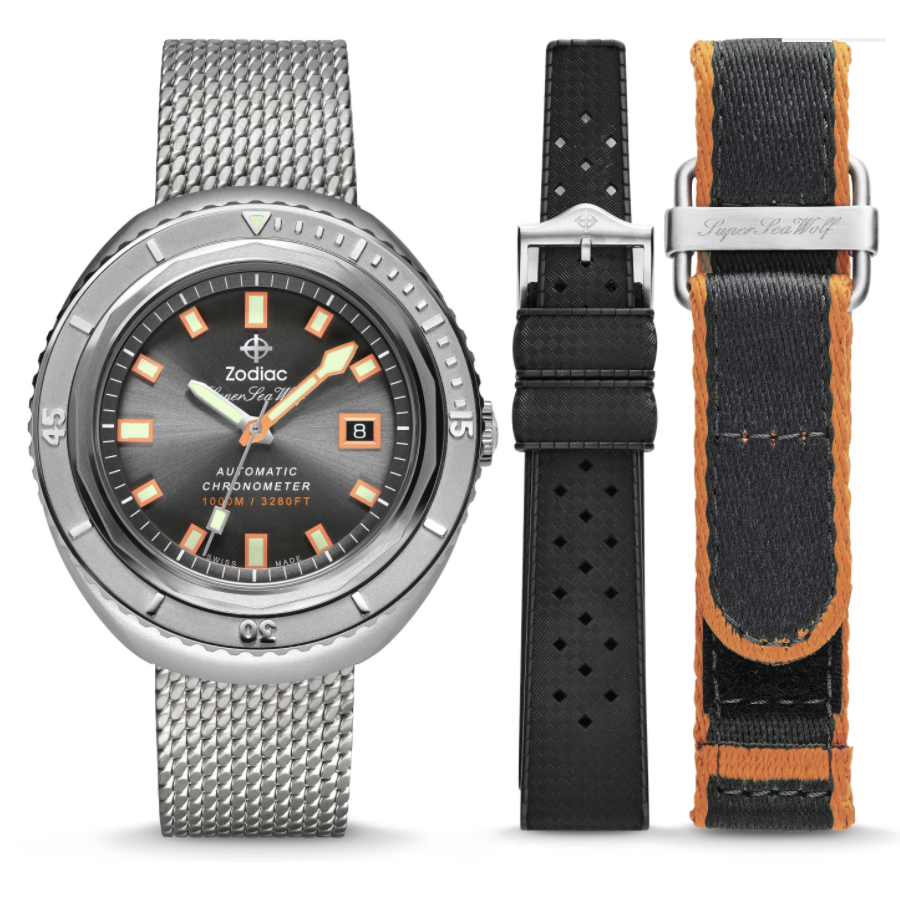 This limited edition timepiece marks the 50th anniversary of the original Super Sea Wolf, a landmark watch for Zodiac. The case back displays the iconic Sea wolf character that was once used on advertising material during the original launch. It has a COSC-certified STP 3-13 movement contained in a stainless steel case with a newly designed locking top ring, and comes specially packaged in a leather roll with a textile strap, tropic style rubber strap, an adjustable mesh band and a strap-changin