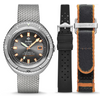 This limited edition timepiece marks the 50th anniversary of the original Super Sea Wolf, a landmark watch for Zodiac. The case back displays the iconic Sea wolf character that was once used on advertising material during the original launch. It has a COSC-certified STP 3-13 movement contained in a stainless steel case with a newly designed locking top ring, and comes specially packaged in a leather roll with a textile strap, tropic style rubber strap, an adjustable mesh band and a strap-changin