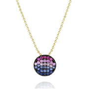 Add some color to your collection with this playful colored gemstone necklace featuring 0.59ctw amethyst, blue sapphire and pink sapphire in a yellow gold pendant. 