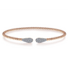 Diamond ends connected with a string of rose gold make this bangle something everyone will love looking at. 14K rose gold beads give this bracelet a glow thats in style now and will be in style in the future. Each end of the bracelet has a group of prismatic pav diamonds in the shape of a teardrop for a sparkle that will surely start conversation. 
