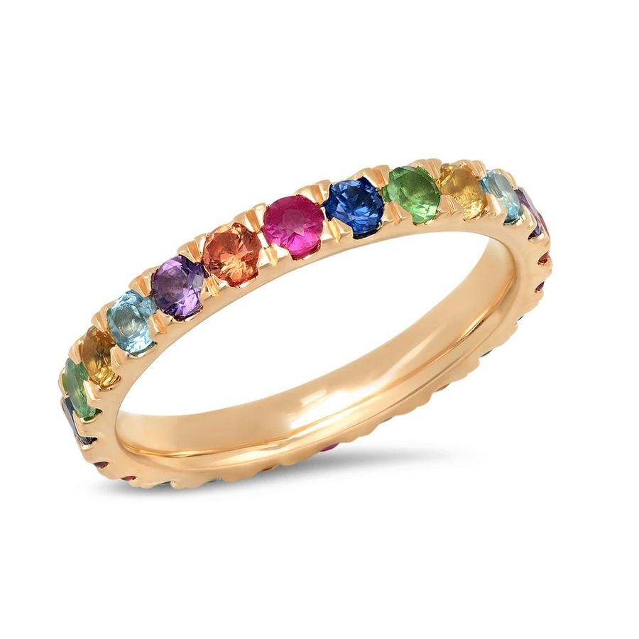 Multi colored eternity band with rubies, sapphires, amethysts and emeralds.The ultimate splash of fun in a classic silhouette, the Large Multi Colored Eternity Band can be paired with an engagement ring for some flare, or sit nicely next to the single-color Large Eternity Bands. This ring weighs 1.83 carats and is 2.8mm thick.