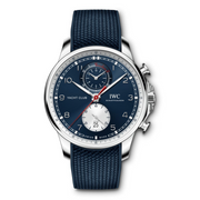 As part of its partnership with the British designer fashion label Orlebar Brown, IWC is releasing the Portugieser Yacht Club Chronograph Edition Orlebar Brown. The stainless steel case with a diameter of 44 millimetres is completed by a marine-blue dial, rhodium-plated hands and a red chronograph seconds hand. These colours are often used in Orlebar Brown's product range. The nautical chronograph with elegant case proportions is fitted with a blue rubber strap with textile inlay and custom Orle