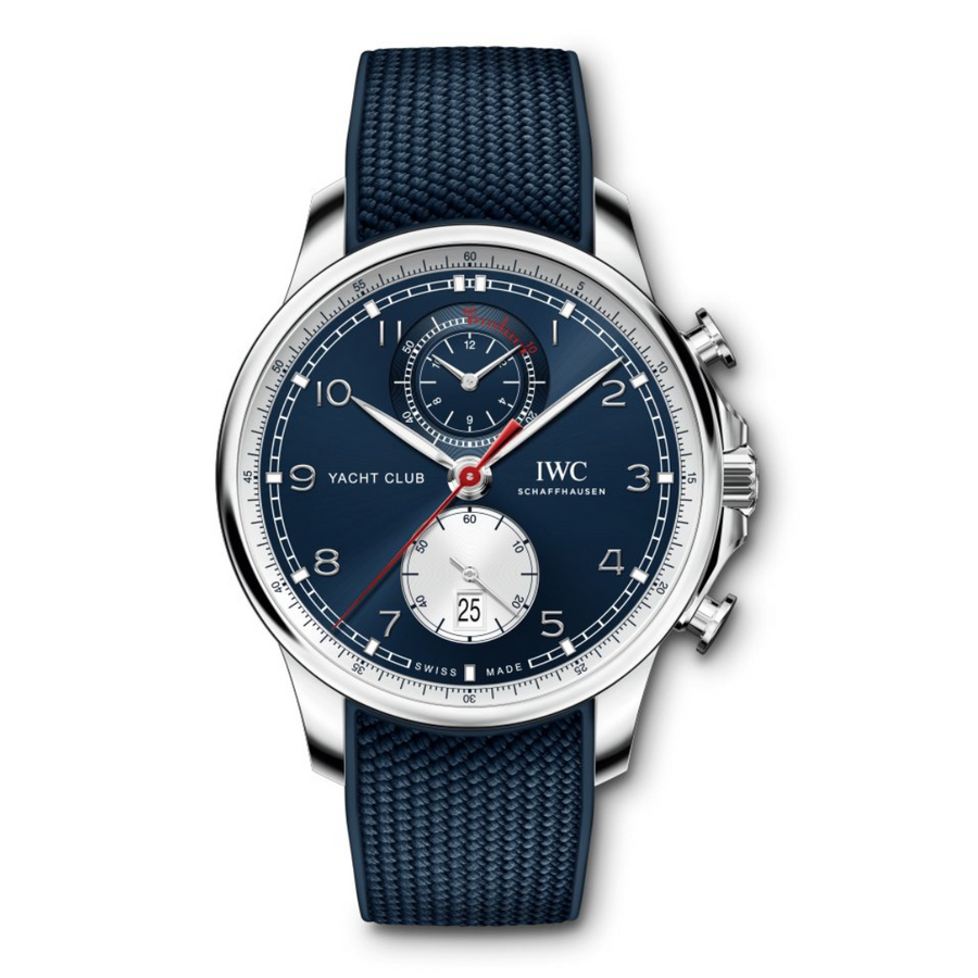 As part of its partnership with the British designer fashion label Orlebar Brown, IWC is releasing the Portugieser Yacht Club Chronograph Edition Orlebar Brown. The stainless steel case with a diameter of 44 millimetres is completed by a marine-blue dial, rhodium-plated hands and a red chronograph seconds hand. These colours are often used in Orlebar Brown's product range. The nautical chronograph with elegant case proportions is fitted with a blue rubber strap with textile inlay and custom Orle